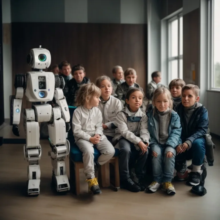 Ein künstlich generiertes Bild mit Kindern und einem Roboter in einem Klassenraum.